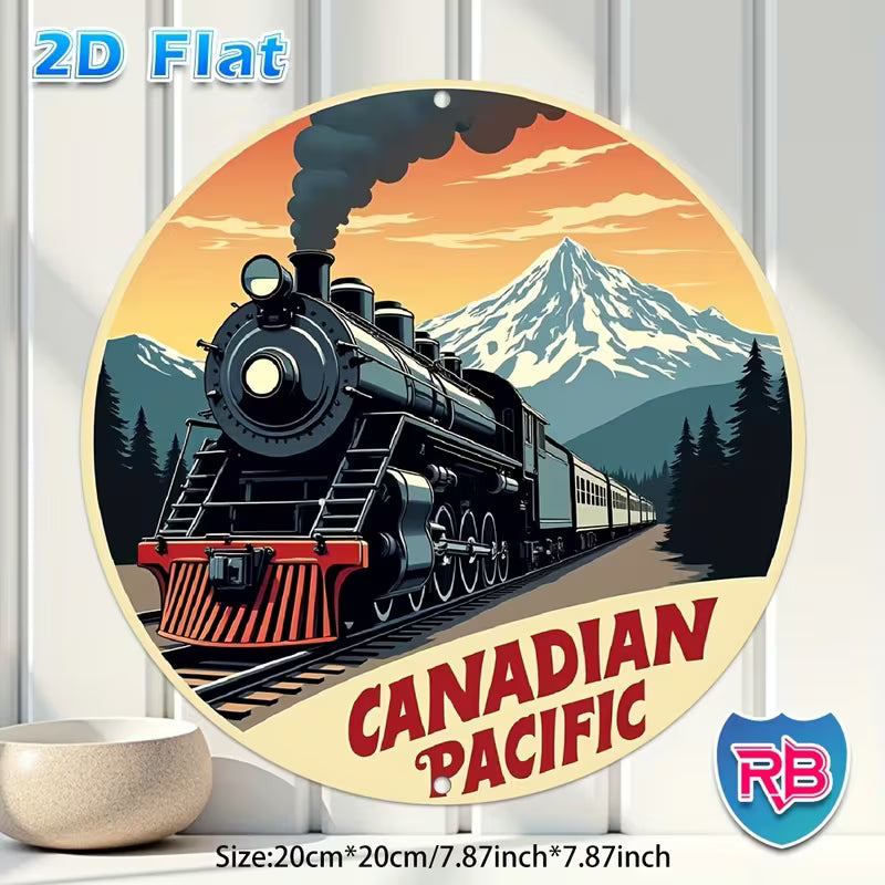 Vintage Canadian Pacific Railway Locomotive & Train Metal Sign -8inch Round Aluminum Retro Wall Art with Steam Train, Locomotives & CPR Logo