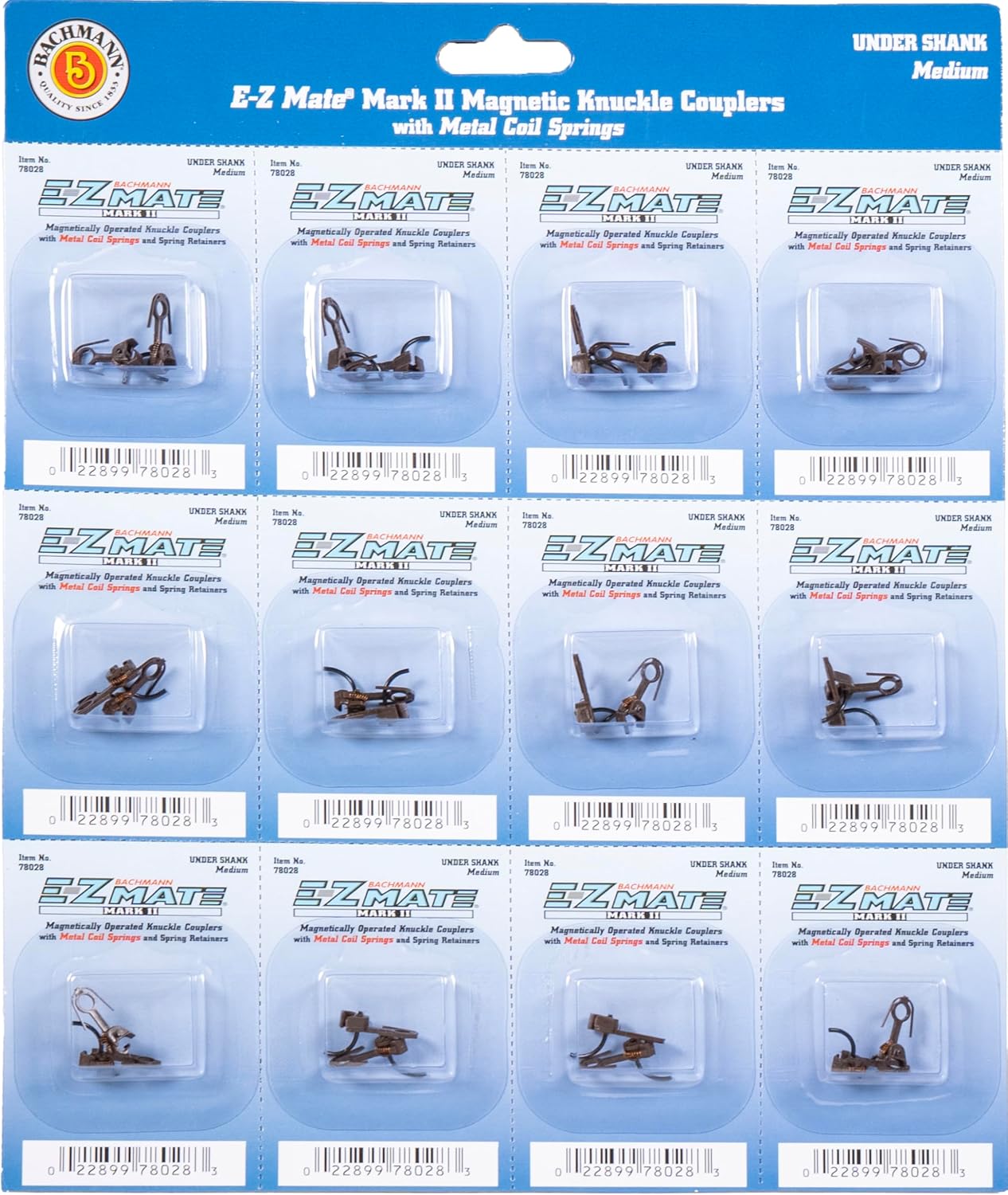 Bachmann Trains - E-Z Mate Mark II COUPLERS - Magnetic Knuckle COUPLERS with Metal Coil Spring - Under Shank - Medium (12 Pair/Card) - HO Scale