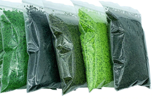5 BAGS ASSORTED  GROUND FOAM 3-5 MM Perfect for tree and bush foliage    SEE PICS ALL NEW UNOPENED  6 Shades of Green $17.99/6 Bags  30 GRAMS APROX /PACK