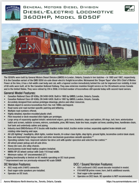 AURORA MINIATURES GM SD50F  DCC Sound   CN RAIL ONE STRIPE   HO Scale