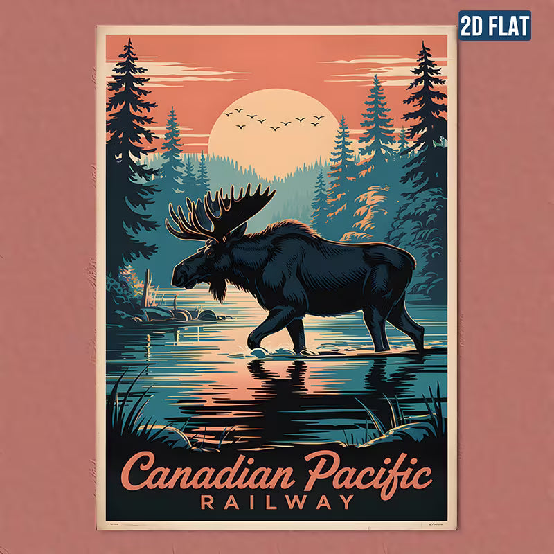 Canadian Pacific Railway Moose & Northern Landscape Vintage Frameless Canvas Poster - CP Rail Logo-Inspired Wall Art in Deep Orange, Black, Green, Blue, Brown - Wilderness Train Decor