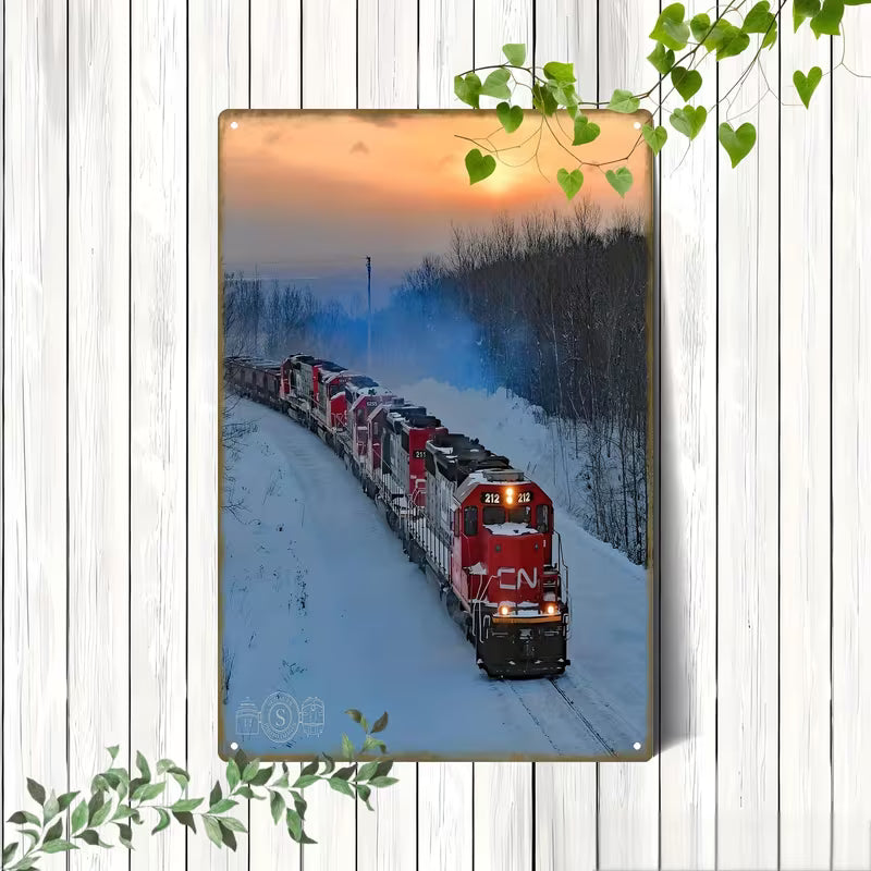 2D Flat, 1pc Vintage CN Train on Snowy Tracks Metal Wall Art Sign - Durable Iron Rustic Railway Scenery Decor 20x30cm/8x12in