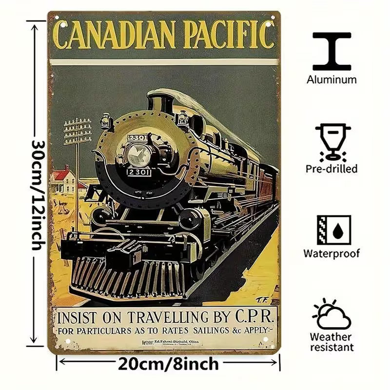Vintage Canadian Pacific Railway Metal Sign - 8x12 Inch Locomotive 3760 Steam Train & CPR Logo Wall Art,