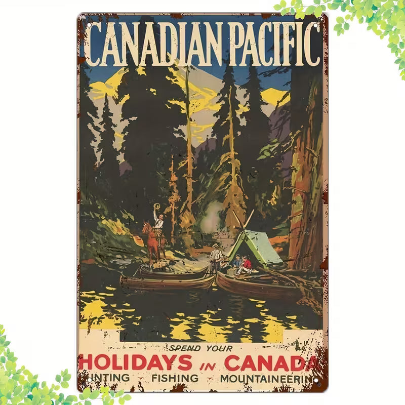 Canadian Pacific Vintage Travel Poster Metal Sign - 1pc/Rustic 'Canadian Holiday' Decor/Vintage Wilderness Scene with Canoe and Fishing/Ideal for Cabins, Inns, Outdoor