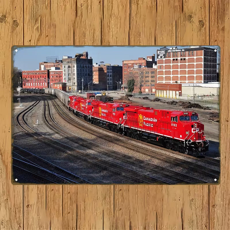 Canadian Pacific Railway Metal Wall Art - 8x12 Inch Vintage Train Decor with Red Locomotive and Track Details,