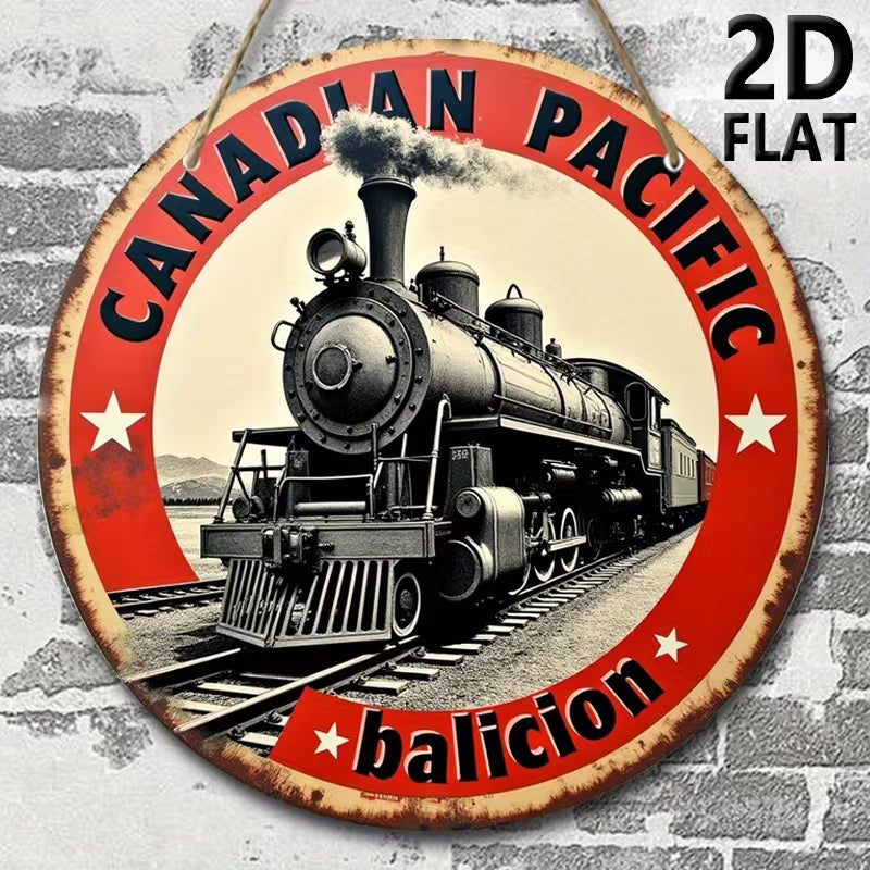 Wooden Sign Plaque, Canadian Pacific Railway Logo, 7.87-inch Round Hanging Sign,