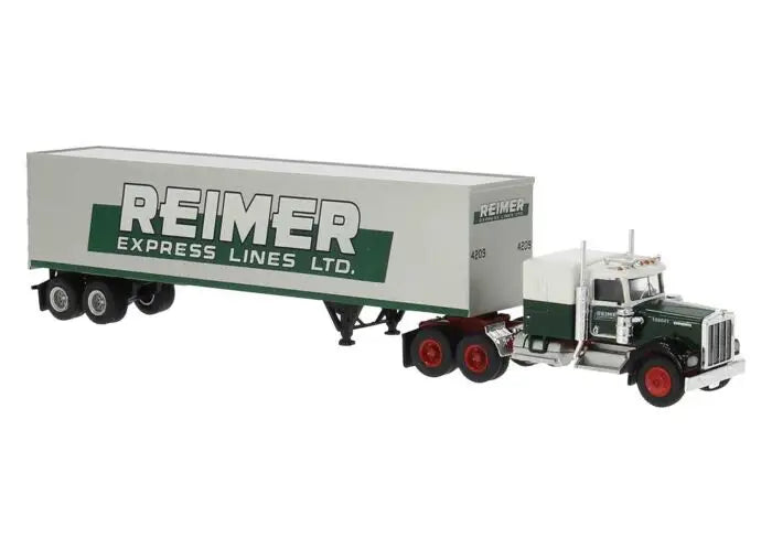Brekina Automodelle Part # 86258 Kenworth W900 Semi Tractor w/Sleeper Cab and Van Trailer - Assembled -- Reimer (white, green)